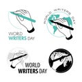 Vector hands illustration. Isolated art logo. White and black. Art studio. Writer business sign. World writer s and