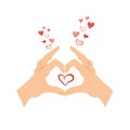 Vector hands showing a loving heart sign, illustration template with doodle hearts, love concept, friendly gesture.