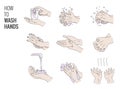 Vector handwashing instruction. How to wash your hands properly. Hands soaping and rinsing. Hands washing medical