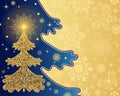 Vector handwork card with New Year and Christmas golden tree with and stars on blue