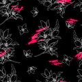Vector handwork illustration. Drawing of blooming white flowers with pink strokes. Seamless pattern with jasmines for textiles