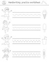 Vector handwriting practice worksheet. Printable black and white activity for pre-school children. Educational game for writing