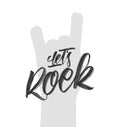 Vector Handwritten brush type lettering of Let's Rock on Heavy metal hand gesture background Royalty Free Stock Photo