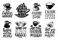 Vector handwritten coffee phrases set. Quotes typography with cups and kettles images. Calligraphy illustrations.