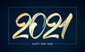 Vector Handwritten golden brush lettering of 2021 in frame on dark background. Happy New Year Royalty Free Stock Photo