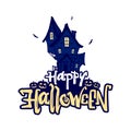 Vector handwritten type lettering of Happy Halloween with hand drawn haunted house and pumpkins Royalty Free Stock Photo
