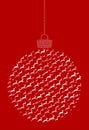 Vector hanging abstract Christmas ball consisting of deer icons on red background.