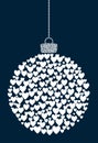 Vector hanging abstract Christmas ball consisting of heart icons on a dark blue background.