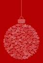 Vector hanging abstract Christmas ball consisting of line snowflake icons on red background.