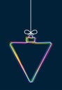 Vector hanging abstract colorful Christmas ball on a string with a bow consisting of multicolored outlines on dark blue.