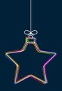 Vector hanging abstract colorful Christmas ball on a string with a bow consisting of multicolored outlines on dark blue.