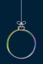 Vector hanging abstract colorful Christmas ball on a string with a bow consisting of multicolored outlines on dark blue.