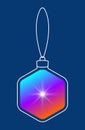 Vector hanging abstract colorful Christmas ball on a string consisting of multicolored gradient & snowflake, star on a blue.