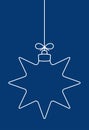 Vector hanging abstract simple line Christmas ball on a string with a bow on a blue background