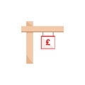Vector hanging `for sale` sign from a wooden pole with red pound sign Royalty Free Stock Photo