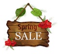 Vector hanging wooden sign with tropical flowers and leaves, with text - spring sales. vector graphics