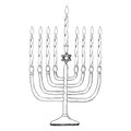 Vector Hanukkah menorah with candles black and white illustration for greeting cards, Jewish traditional hanukkiah Royalty Free Stock Photo