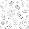 Vector Hanukkah seamless pattern with Jewish holiday symbols, letters and bakery. Dreidel, menorah in black and white