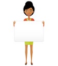 Vector -Happy African American business woman holding sign or banner isolated on white background. Vector.