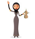 Vector - Happy arab woman holding an Arabic coffee pot and waving her hand isolate on white background.