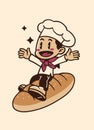 Happy Baker Flying with Bread in Vintage Style