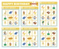 Vector Happy Birthday bingo cards set. Fun family lotto board game with cute animals, balloons, cakes for kids. Holiday party Royalty Free Stock Photo