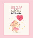 Vector happy birthday congratulation card design with cute little baby rabbit girl hold air balloon and text congratulation isolat Royalty Free Stock Photo