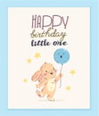 Vector happy birthday congratulation card design with cute little baby rabbit hold air balloon and text congratulation isolated on