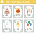 Vector Happy Birthday flash cards set. English language game with cute candle, balloons, cake for kids. Holiday party flashcards.