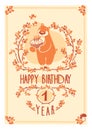 Vector Happy Birthday greeting card with cute bear and cake. Invitation design. Royalty Free Stock Photo