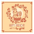 Vector Happy Birthday greeting card with cute rabbit, mouse and cake. Invitation design. Royalty Free Stock Photo