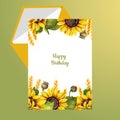 Vector happy birthday greeting card with sunflowers and ear wheat