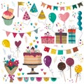 Vector Happy Birthday party elements set - holiday cake, presents, gifts, muffins, cupcakes, balloons, hat, decor. Royalty Free Stock Photo