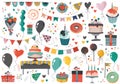 Vector Happy Birthday party elements set - holiday cake, presents, gifts, muffins, cupcakes, balloons, hat, decor. Royalty Free Stock Photo