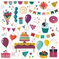 Vector Happy Birthday party elements set - holiday cake, presents, gifts, muffins, cupcakes, balloons, hat, decor. Royalty Free Stock Photo