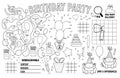 Vector Happy Birthday placemat for kids. Holiday party printable activity mat with maze, tic tac toe charts, connect the dots,