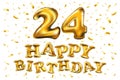 Happy birthday 24 years anniversary joy celebration. 3d Illustration with brilliant gold balloons & delight confetti for your uniq Royalty Free Stock Photo