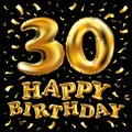 Vector happy birthday 30rd celebration gold balloons and golden confetti glitters. 3d Illustration design for your greeting card, Royalty Free Stock Photo