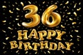 Happy birthday 36 years anniversary joy celebration. 3d Illustration with brilliant gold balloons & delight confetti for your uniq Royalty Free Stock Photo