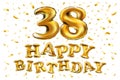 38 years anniversary, happy birthday joy celebration. 3d Illustration with brilliant gold balloons & delight confetti for your uni Royalty Free Stock Photo