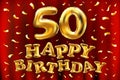 Vector happy birthday 50th celebration gold balloons and golden confetti glitters. 3d Illustration design for your greeting card, Royalty Free Stock Photo