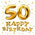 Vector happy birthday 50th celebration gold balloons and golden confetti glitters. 3d Illustration design for your greeting card, Royalty Free Stock Photo