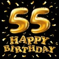 Vector happy birthday 55th celebration gold balloons and golden confetti glitters. 3d Illustration design for your greeting card, Royalty Free Stock Photo