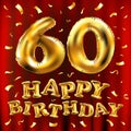 Vector happy birthday 60th celebration gold balloons and golden confetti glitters. 3d Illustration design for your greeting card, Royalty Free Stock Photo