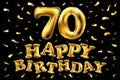 Vector happy birthday 70th celebration gold balloons and golden confetti glitters. 3d Illustration design for your greeting card, Royalty Free Stock Photo