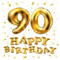 Vector happy birthday 90th celebration gold balloons and golden confetti glitters. 3d Illustration design for your greeting card, Royalty Free Stock Photo