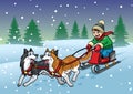 Happy Boy Riding Sleigh With His Huskies Dog