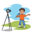 Vector happy boy shooting video content for blog Royalty Free Stock Photo