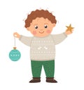 Vector happy boy in sweater with curly brown hair holding a Christmas ball and a star.