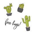 Vector happy cactus print. Cool kids design with succulents stickers. Free hugs cacti decoration pin. Kawaii doodle